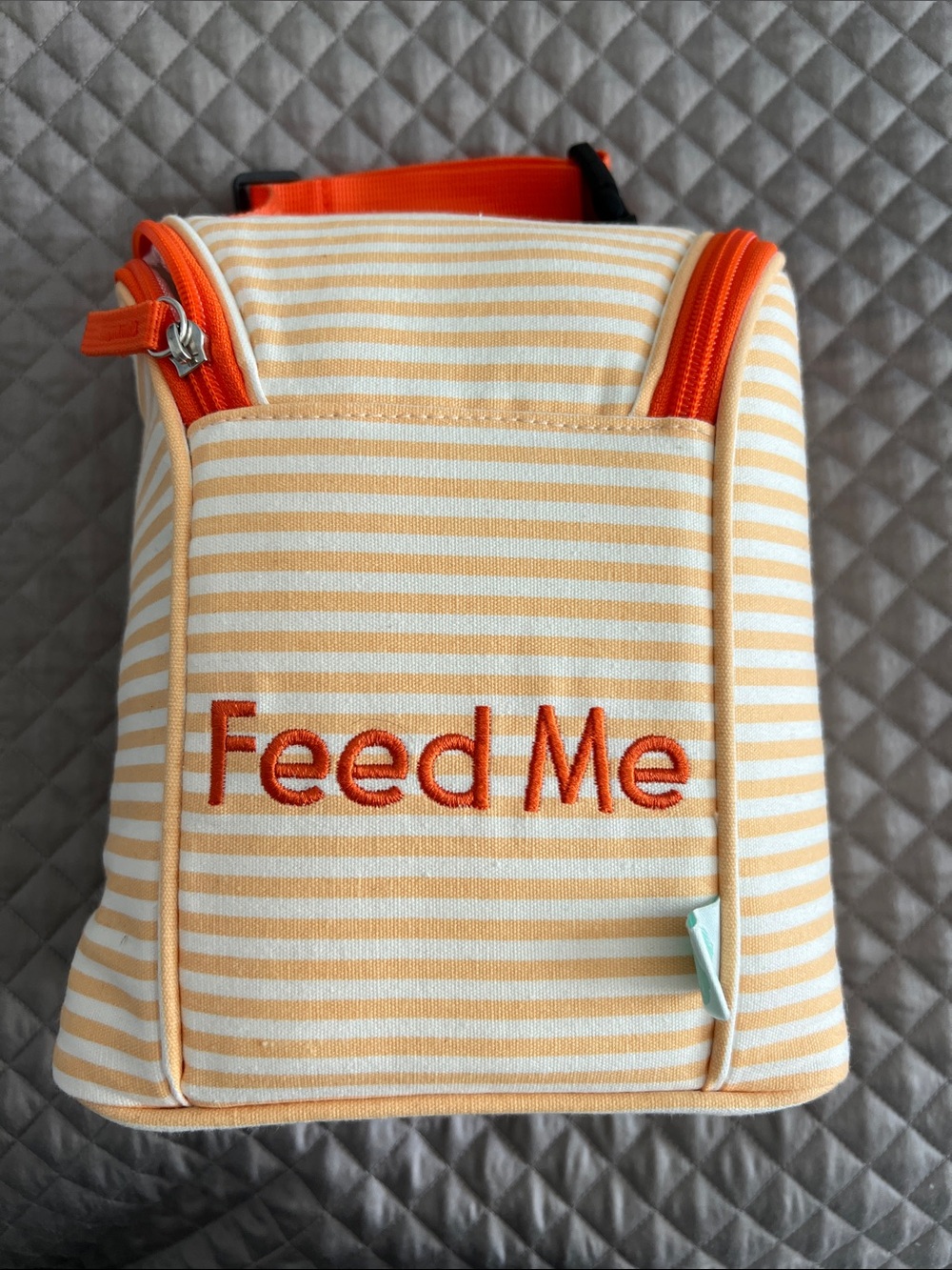 Striped 'Feed Me' Lunch Bag in Orange and Cream